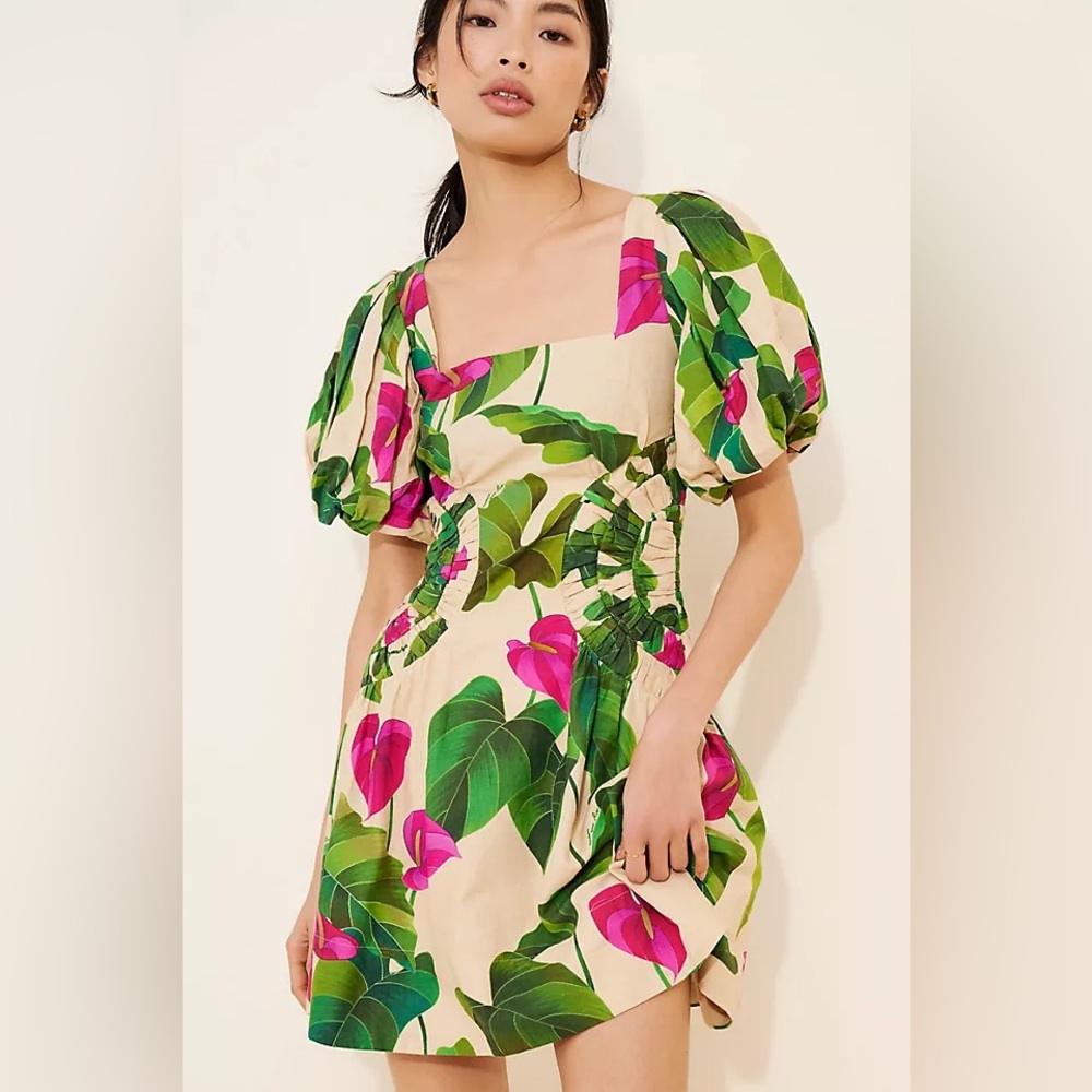 FARM Rio Anthurium Leaves Puff Sleeve Mini Dress